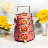 Hand Painted 3 Tier Steel Tiffin Box - Pink